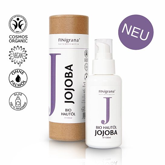 Finigrana Bio Jojoba Hautöl in Papphülse und Opalglasverpackung.